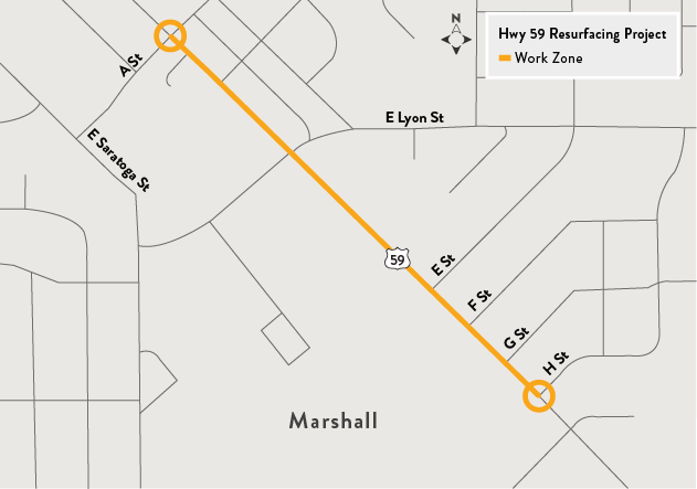 Map of project area which is Hwy 59 from A St. to H St.